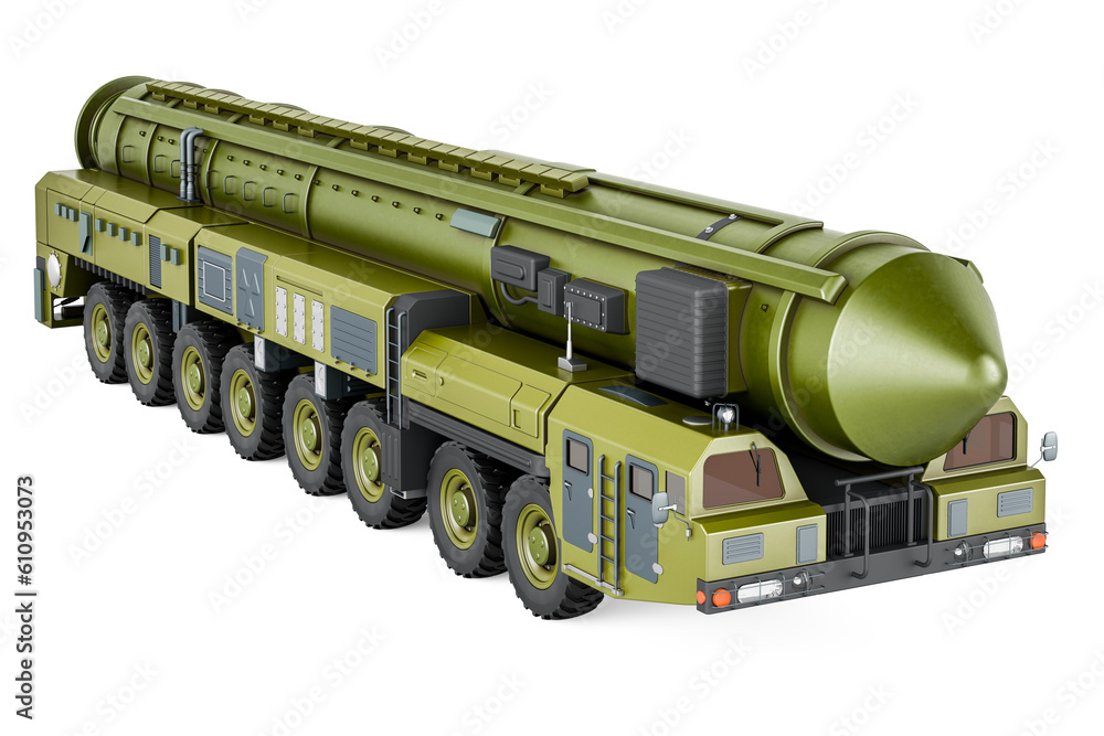 Poster scud missile, mobile short-range ballistic missile system, 3d rendering