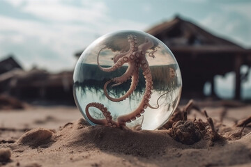 Octopus in a bubble surrounded by ruined nature. Ecology and saving the environment, saving the clean planet, green business, earth day concept. Generative AI