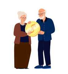 Senior Happy Retired Couple Holding Huge Gold Coin.Financial Wealth Concept,Pension Deductions,Savings,Wealthy Stability in Retirement.People Flat Vector Illustration isolated on white background