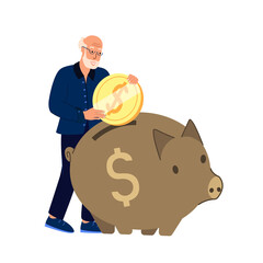 Pension Fund Savings,Happy Confident Elderly Man Character Put Coin to Piggy Bank Rejoice to Get Superannuation.Senior Grandparent Retirement,Money Fund Safety.Cartoon People Vector Illustration
