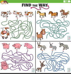 find the way maze games set with cartoon farm animals