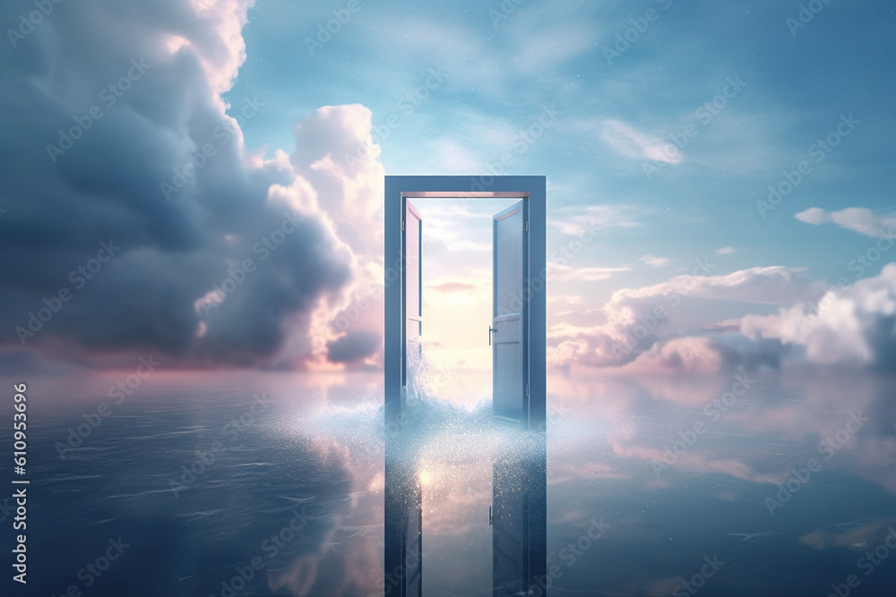 Poster an open door in the middle of a calm sea or lake with reflection. generative ai.