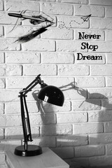 Illustration black and white design with desk lamp and wall.