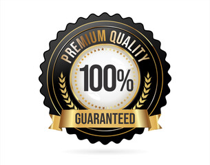 100 Percent premium quality badge with gold ribbon on black background 