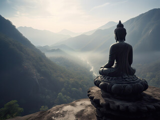 Buddha sitting on a cliff facing mountains and waterfalls