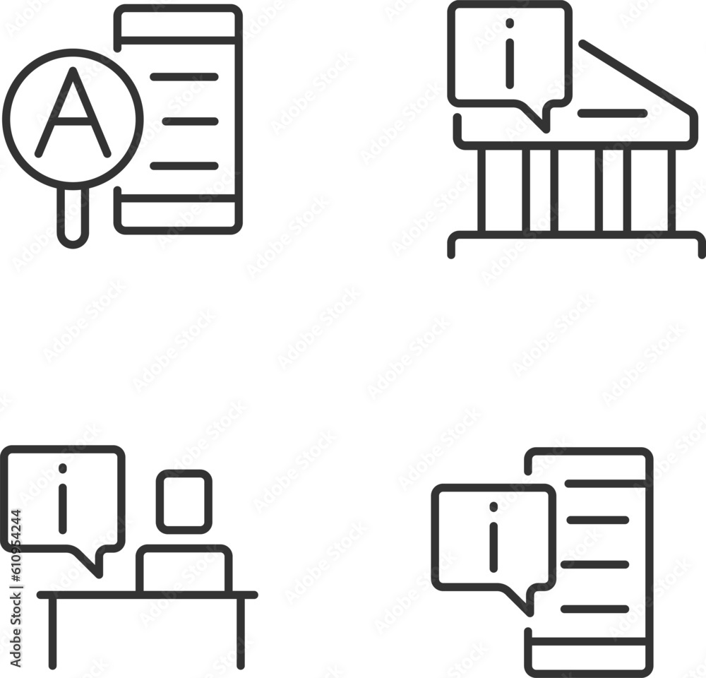 Poster types of informational support pixel perfect linear icons set. current data. online and offline serv
