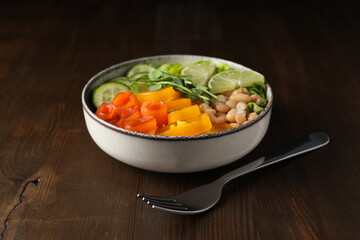 Concept of lunch, paper bowl with food