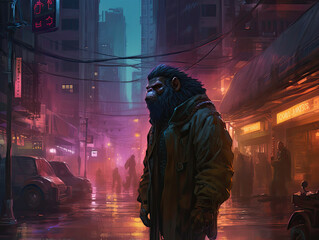 Midnight Cyberpunk Ape Chase Through Neon Cityscape
