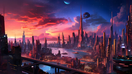 the vibrant world of a futuristic cityscape, with sleek skyscrapers piercing the sky, illuminated by neon lights and holographic projections, bustling with advanced technology and a sense of innovatio - obrazy, fototapety, plakaty