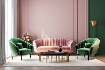 interior background home sofa apartment trendy pink luxury pillow cosy mock up lamp. Generative AI.