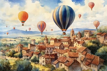 Obraz premium Large balloons fly over a rural town. Watercolor Generative AI illustration.