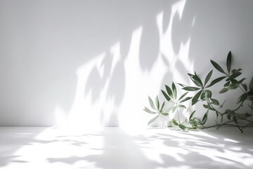 Blurred shadow from leaves plants on the white wall. Minimal abstract background for product presentation. Spring and summer, Generative AI