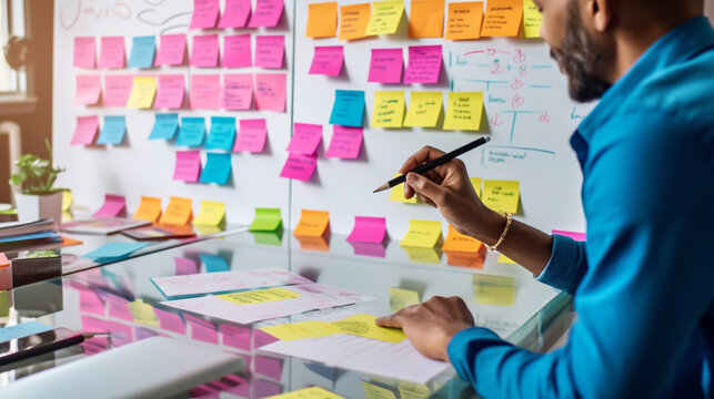 A software developer brainstorming ideas on a whiteboard, surrounded by colorful sticky notes and diagrams, mapping out the next innovative project Generative AI