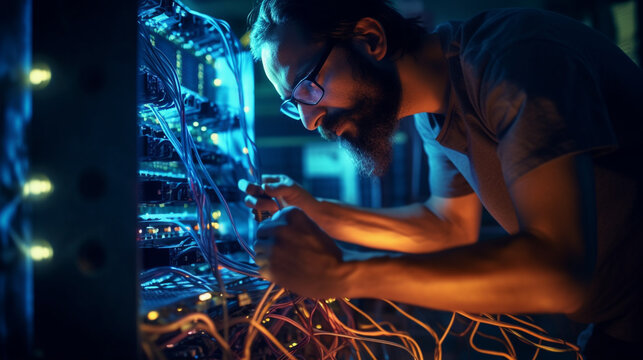 A systems administrator troubleshooting hardware issues in a server room, using diagnostic tools and meticulously checking connections Generative AI