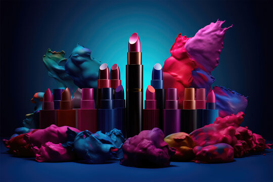 A collection of lipstick and makeup products on blue background
