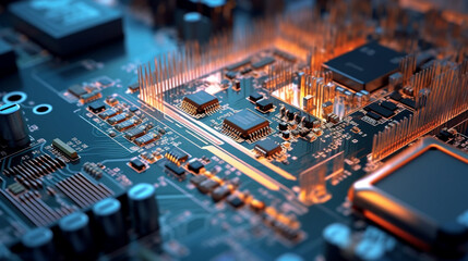 A close-up shot of a computer motherboard, with intricate circuits and components that power the latest technological innovations Generative AI - obrazy, fototapety, plakaty