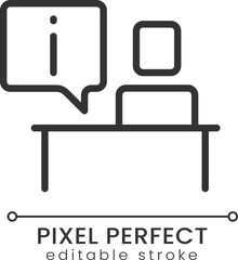 Information desk pixel perfect linear icon. Helpdesk service for clients. Customer consulting. Thin line illustration. Contour symbol. Vector outline drawing. Editable stroke. Poppins font used