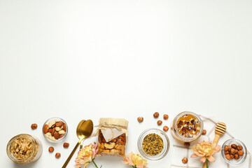 Concept of tasty and sweet food - honey with nuts