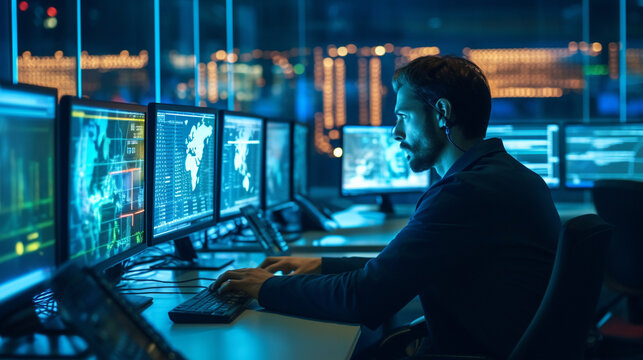 A cybersecurity expert monitoring network traffic in a Security Operations Center (SOC), defending against cyber threats in real-time Generative AI