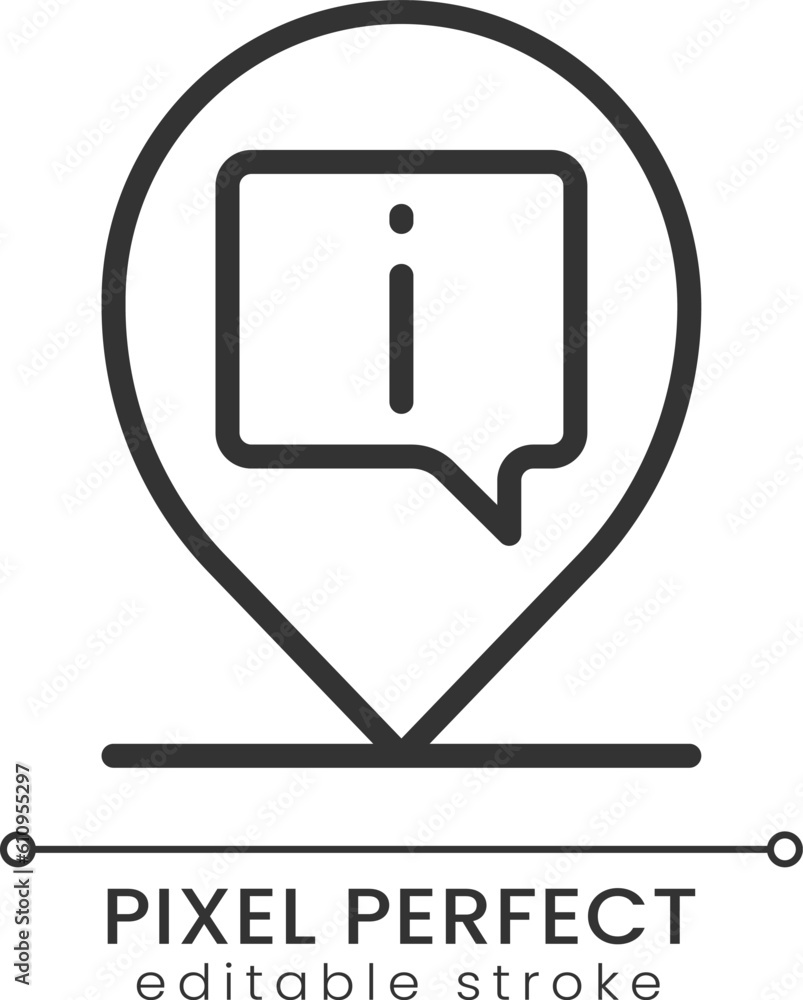 Aufkleber info pin pixel perfect linear icon. location mark on map. finding information center. thin line illu