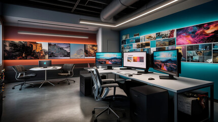 A modern design studio for IT specialists, featuring sleek workstations, large dual monitors, and vibrant color palettes inspiring creativity Generative AI