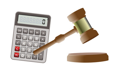 calculator, judge gavel, vector illustration