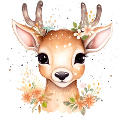 Cute deer watercolor clipart, isolated, transparent background, created with Generative AI technology