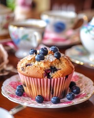 Tea party with blueberry muffins with powdered sugar and fresh berries. Generative AI