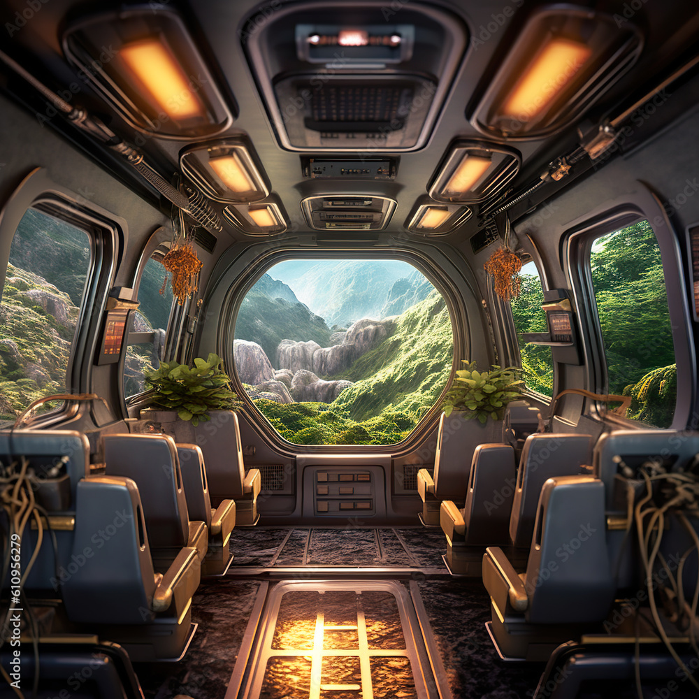 Poster a view of the inside of a train car. generative ai.