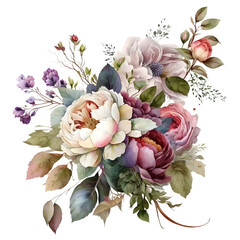 Purple and pink flower bouquet watercolor clipart, isolated, transparent background, created with Generative AI technology