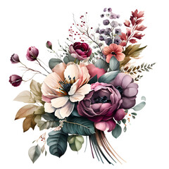 Purple and pink flower bouquet watercolor clipart, isolated, transparent background, created with Generative AI technology