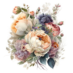 Purple and pink flower bouquet watercolor clipart, isolated, transparent background, created with Generative AI technology