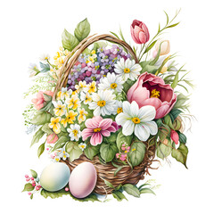 Floral easter basket watercolor clipart, isolated, transparent background, created with Generative AI technology