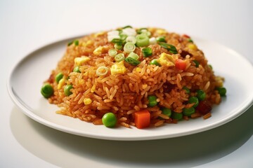 Detailed close-up photography of a delicious fried rice on a ceramic tile against a white background. With generative AI technology