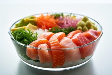 Highly detailed close-up photography of an hearty sushi in a glass bowl against a white background. With generative AI technology