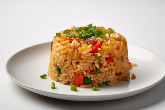 Detailed close-up photography of a delicious fried rice on a ceramic tile against a white background. With generative AI technology