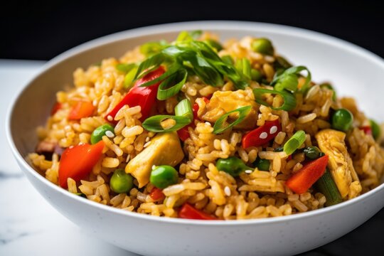 Detailed close-up photography of a delicious fried rice on a ceramic tile against a white background. With generative AI technology