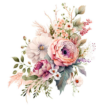 Pink flower bouquet watercolor clipart, isolated, transparent background, created with Generative AI technology