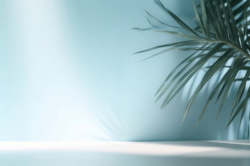 Fototapeta na wymiar Blurred shadow from palm leaves on the light blue wall. Minimal abstract background for product presentation. Spring and summer, Generative AI