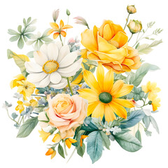 Fototapeta na wymiar Yellow flower bouquet watercolor clipart, isolated, transparent background, created with Generative AI technology