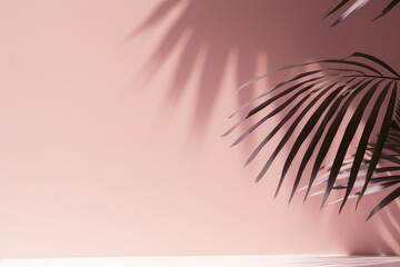 Fototapeta na wymiar Blurred shadow from palm leaves on the pink wall. Minimal abstract background for product presentation. Spring and summer, Generative AI