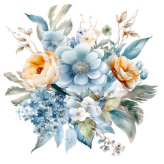 Obraz na płótnie Canvas Blue flower bouquet watercolor clipart, isolated, transparent background, created with Generative AI technology