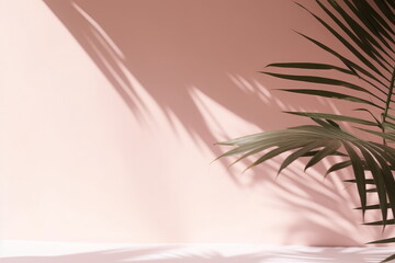 Blurred shadow from palm leaves on the pink wall. Minimal abstract background for product presentation. Spring and summer, Generative AI