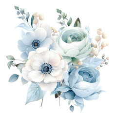 Blue flower bouquet watercolor clipart, isolated, transparent background, created with Generative AI technology