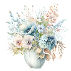 Blue flower bouquet watercolor clipart, isolated, transparent background, created with Generative AI technology