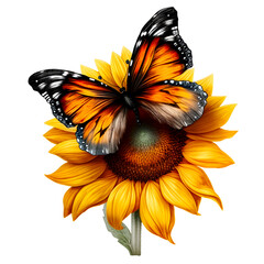 Sunflower with butterfly watercolor clipart, isolated, transparent background, created with Generative AI technology