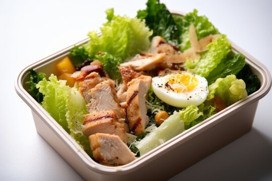 Rustic ambiance close-up photography of a juicy caesar salad in a bento box against a white background. With generative AI technology
