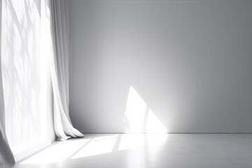 Minimalistic abstract gentle light grey background for product presentation with light and shadow of window curtains on wall, Generative AI