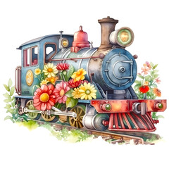 Floral train watercolor clipart, isolated, transparent background, created with Generative AI technology