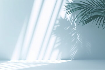 Minimal abstract light blue background for product presentation. Shadow of tropical leaves and curtains window on plaster wall, Generative AI